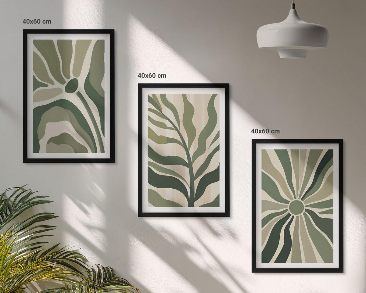 WANDBILDER 3er-Set - 40x60 cm Schwarzer Rahmen - Grüne und beige Pflanzenmuster - Schwarz, Kunststoff (40/60cm) - ArtPrintCave