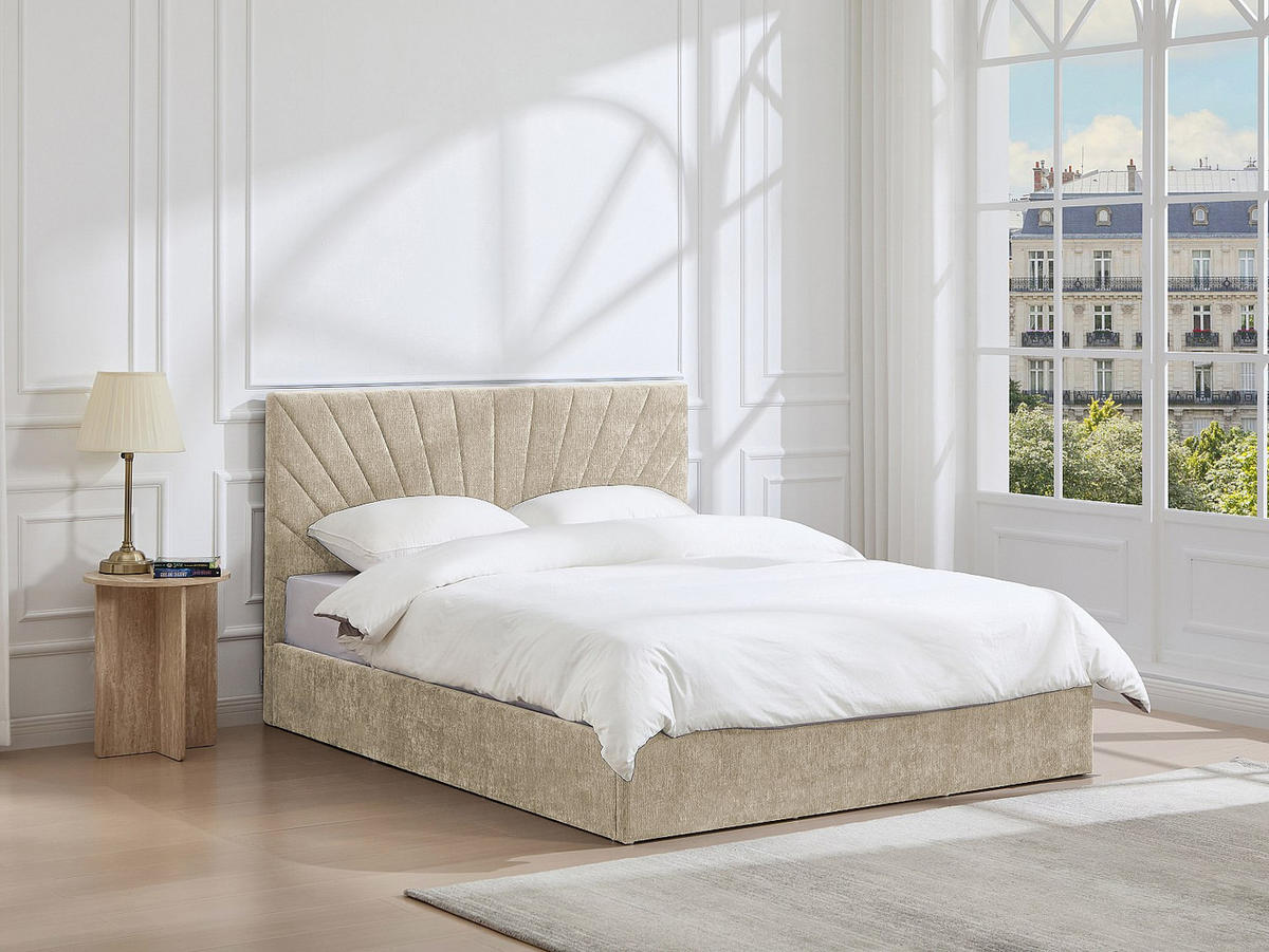 BETT mit Bettkasten - 2 Personen - Stoff - Beige - Beige, Textil (180/200cm) - Vente-Unique