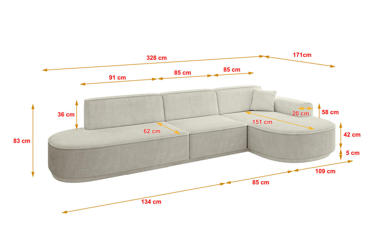 ECKSOFA Ottomane Rechts MARI-L2-v3 - 328x171x83 cm Hellgrau Cord - Hellgrau/Schwarz, Holzwerkstoff/Kunststoff (171/328cm) - ALTDECOR