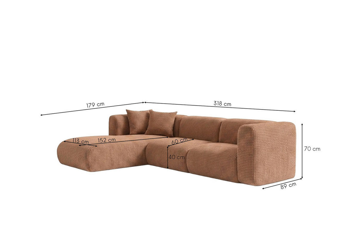 ECKSOFA L-Form, Chenille-Stoff Cremona, Hellbraun, Links, GRETA - Hellbraun, Holz (318/179cm) - Kaiser Möbel