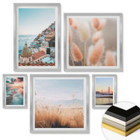 WANDBILDER 5er Set - 50x50 cm & 20x30 cm & 40x60 cm Silberner Rahmen - Sonnenuntergang am Meer, Häuser, Blumen - Silberfarben, Kunststoff (40/60cm) - ArtPrintCave