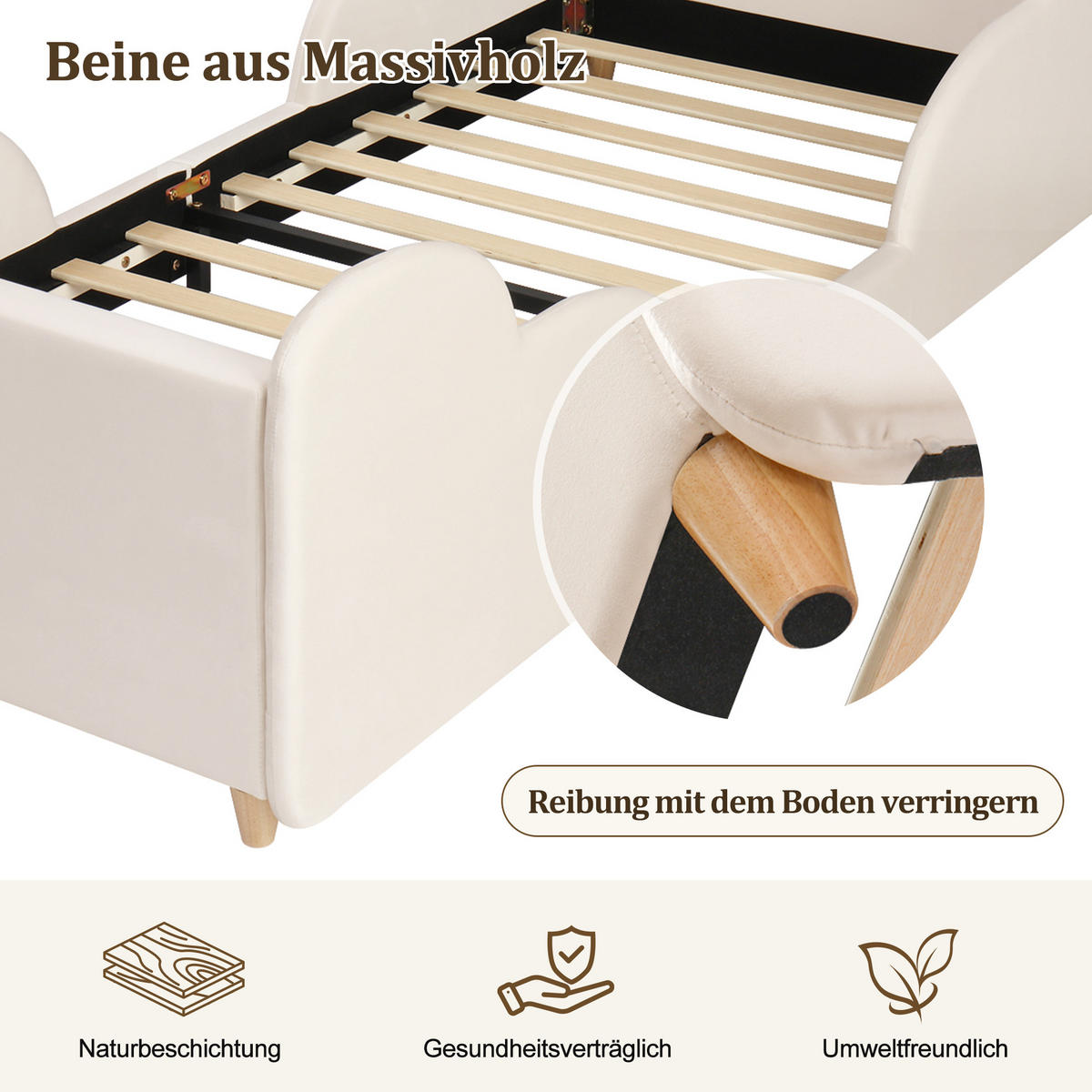KINDERBETT 90/200 cm in Beige Samt mit Schutzgitter, Nachtlicht, USB und Type-C - Beige, Holzwerkstoff/Textil (90/200cm) - WISHDOR