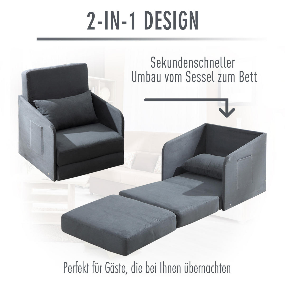 SCHLAFSESSEL Wildlederimitat Metall Grau - Grau, Kunststoff (76/77/70cm) - HOMCOM