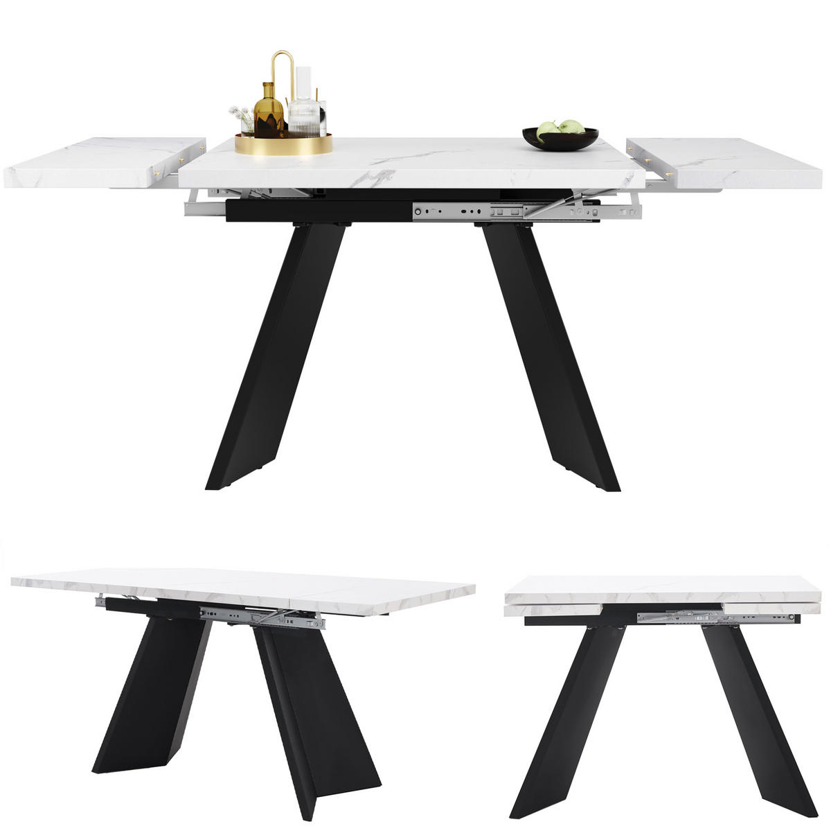 ESSTISCH 99-159x74x77 cm in Weiß und Schwarz aus MDF mit Marmoroptik auf Carbonstahl-Beinen ausziehbar - Weiß, Holzwerkstoff (74/159/77cm) - Modfu