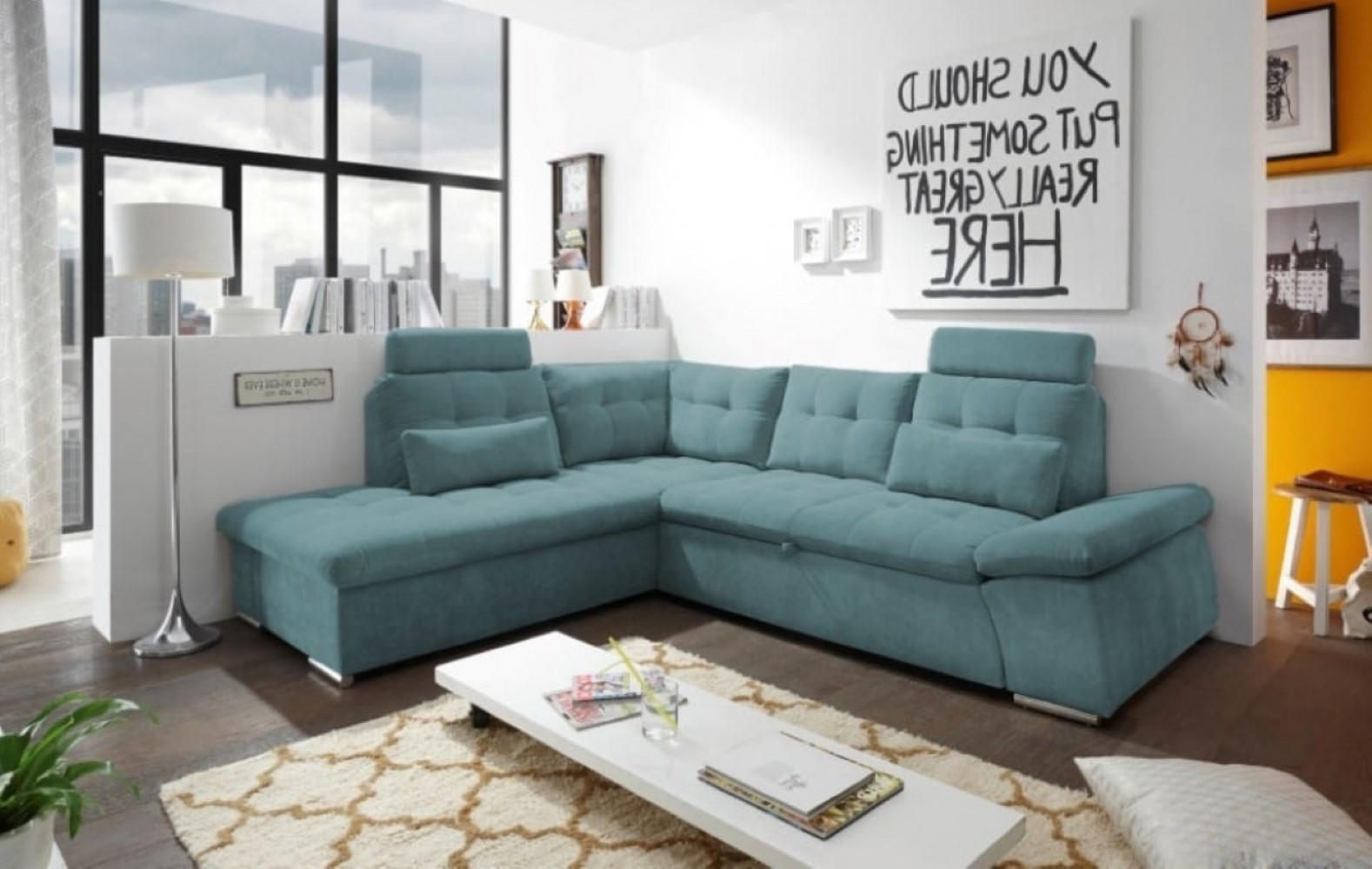 ECKSOFA mit Schlaffunktion, Bettkasten und verstellbarer Armlehne - Chromfarben/Grün, Textil (260/219cm) - ed exciting design