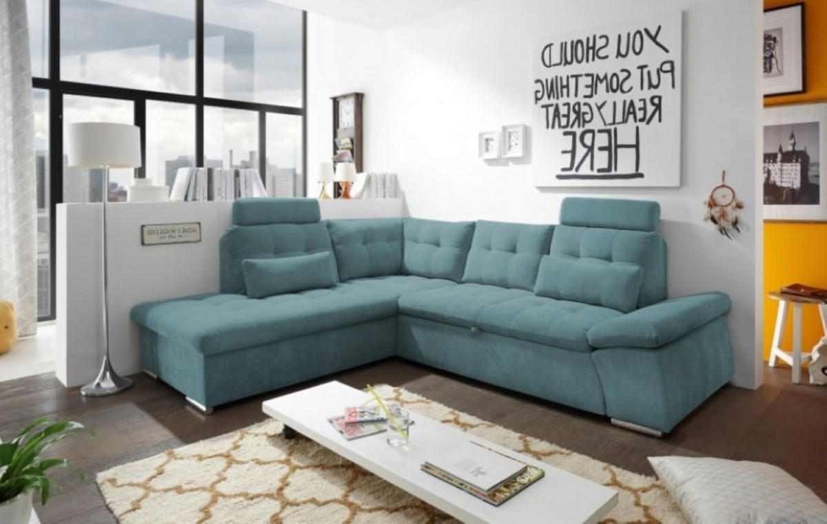 ECKSOFA mit Schlaffunktion, Bettkasten und verstellbarer Armlehne - Chromfarben/Grün, Textil (260/219cm) - ed exciting design