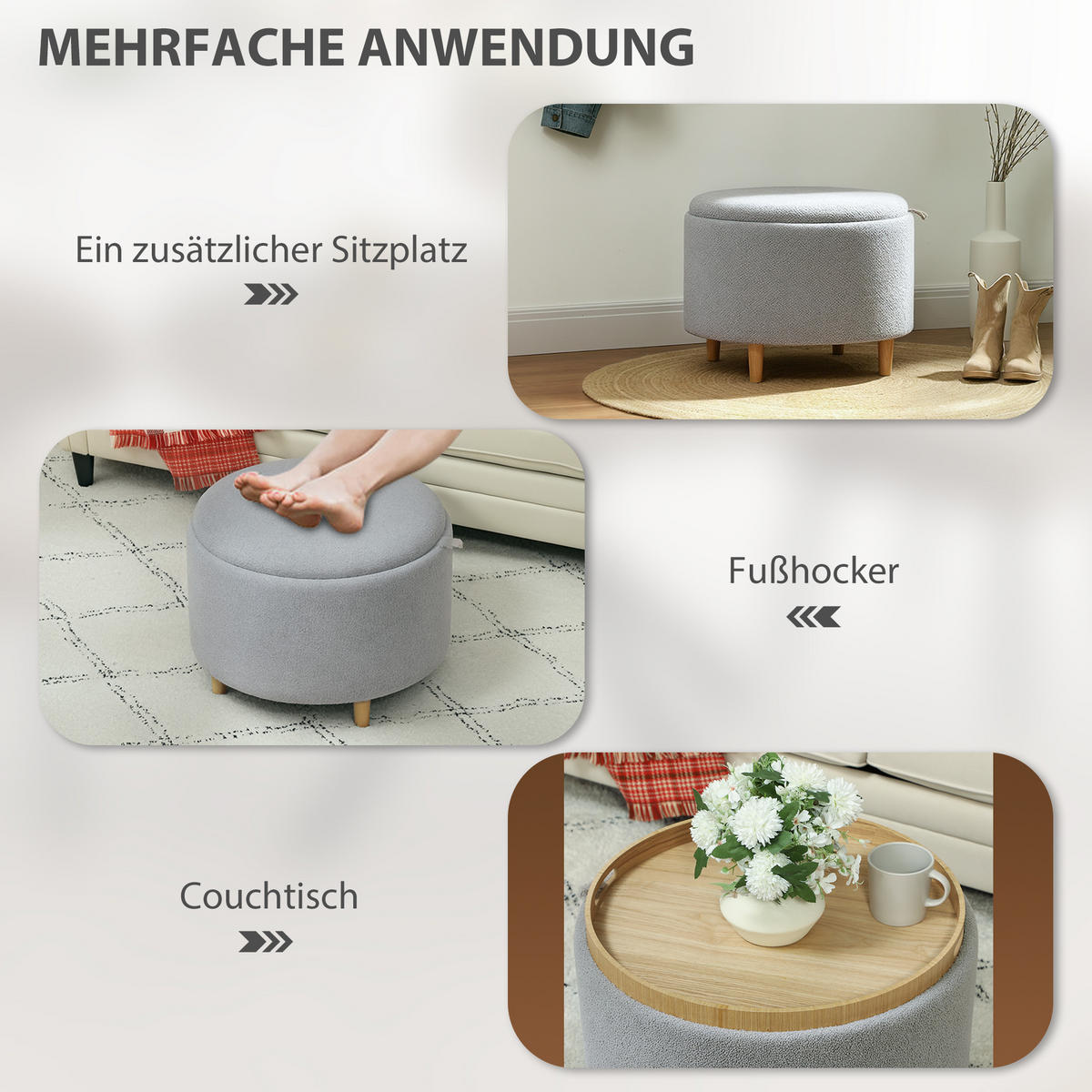 SITZHOCKER Ottomane mit Stauraum Runder Polsterhocker mit Klappdeckel, Grau - Naturfarben/Grau, Eichenholz/Kunststoff (56/42/56cm) - HOMCOM