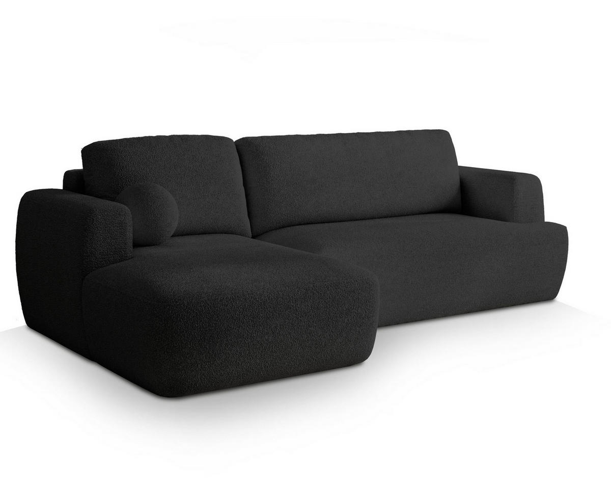ECKSOFA SENTI N L-S Schwarz Boucle-Stoff mit Schlaffunktion - Schwarz, Holz (246/148cm) - MASSENO