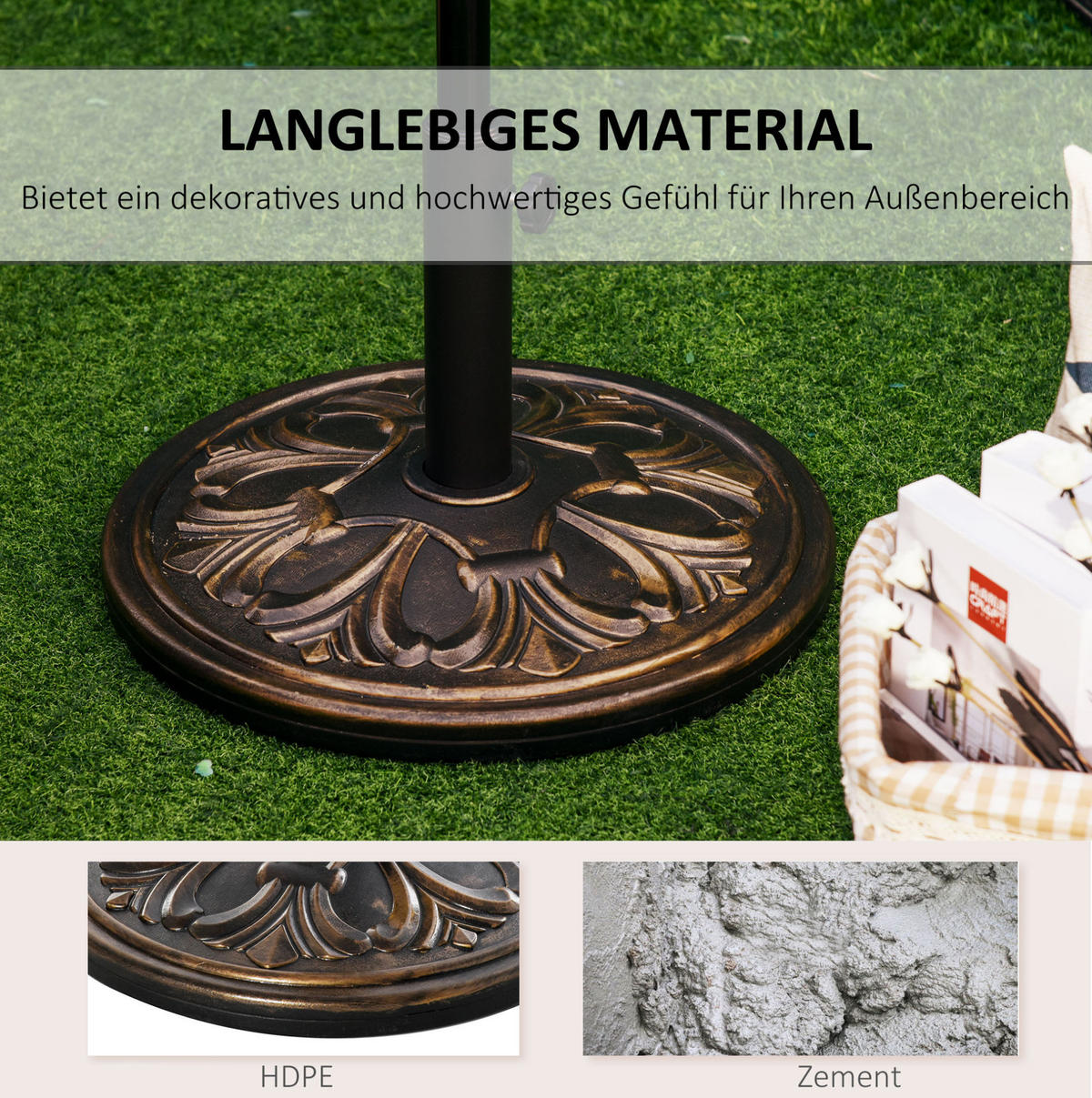 SONNENSCHIRMSTÄNDER 48/48/34 cm bronze aus Zement mit Adapterhülsen - Bronzefarben, Stein (48/48cm) - OKWISH