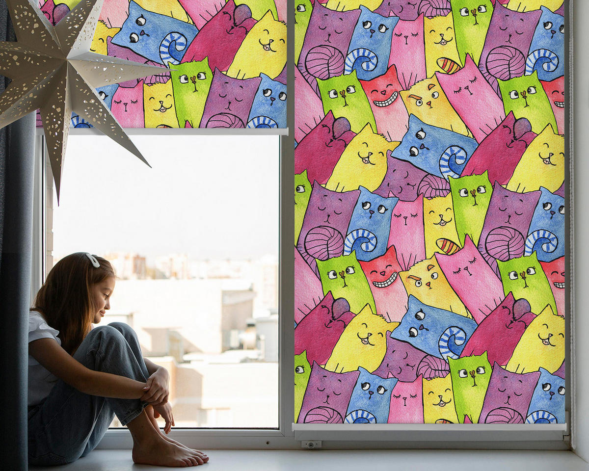 VNÚTORNÁ roleta - okenná roleta - roleta - 100x100 cm - Farebné mačky - zelená, plast (100/100/0.5cm) - TULUP