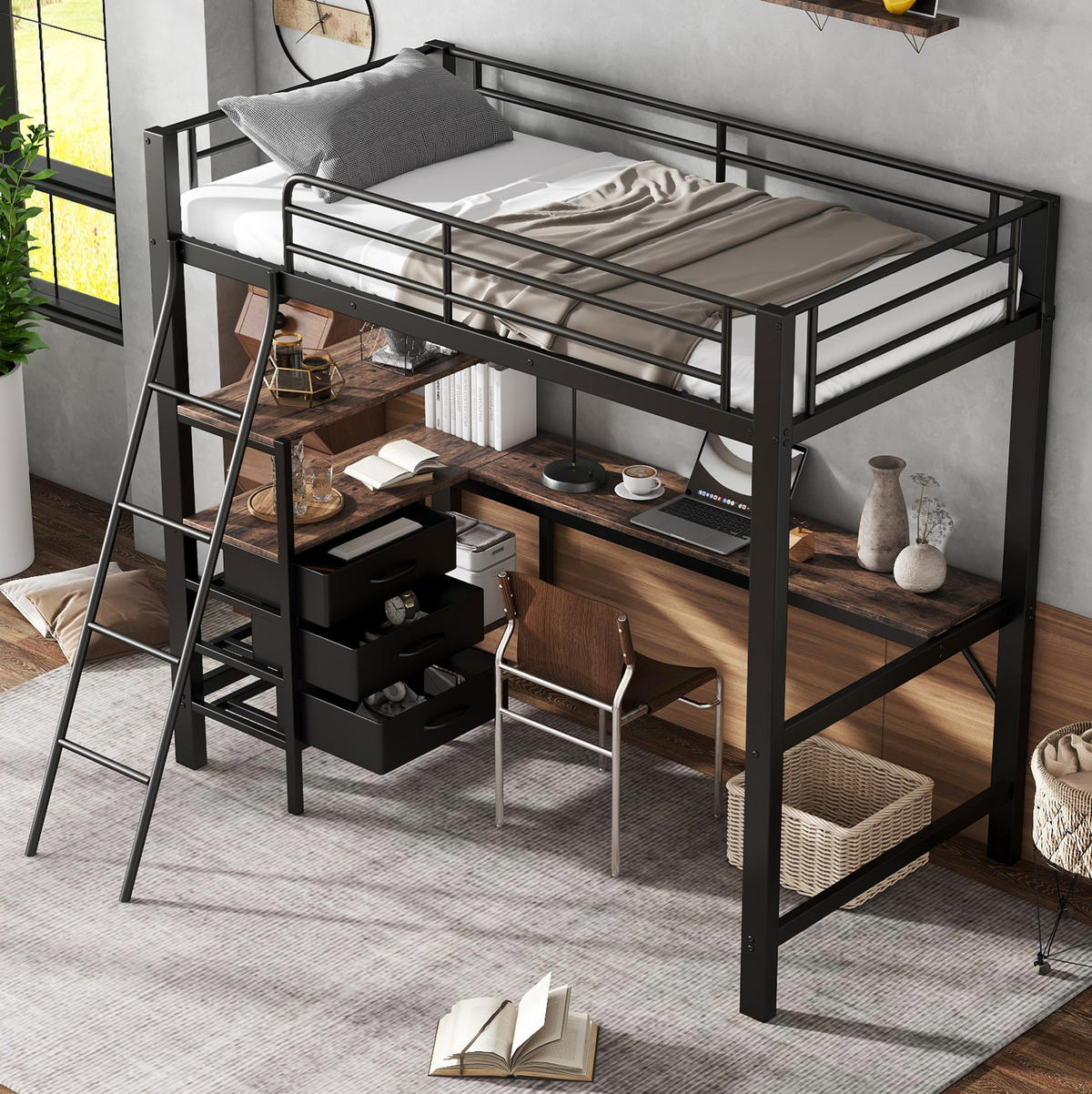 ETAGENBETT 90/200 cm in Schwarz/Dunkle Walnuss mit Schreibtisch und 3 Schubladen - Schwarz, Metall (90/200cm) - OKMYHOME
