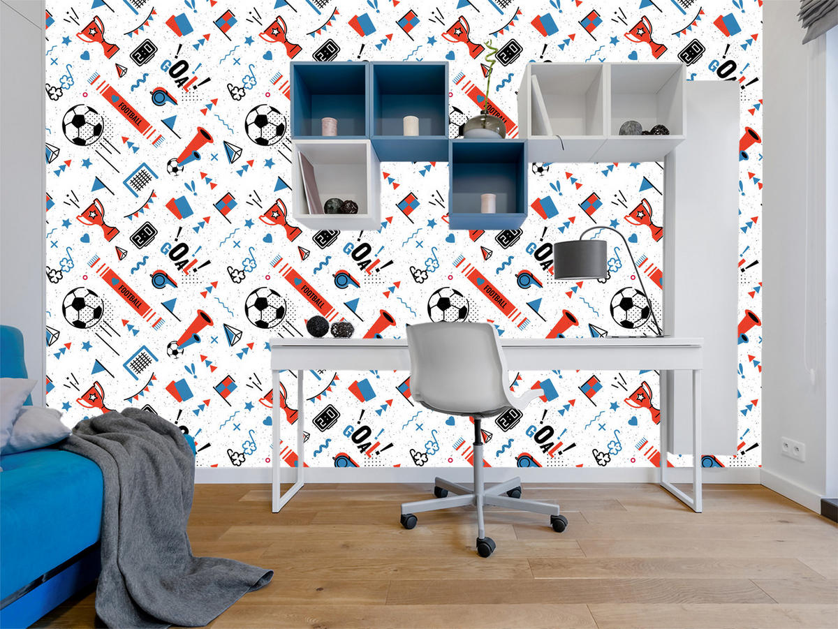 VLIESTAPETE Fußball, Pokale und Flaggen – Rot, Blau, Schwarz, Weiß – 50x1000 cm - Blau/Rot, Papier (50/1000cm) - Muralo