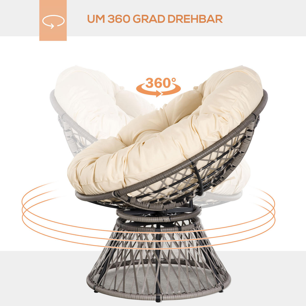 PAPASANSESSEL mit Polster 360 Grad Rattan Beige B87 x T97 x H86 cm - Beige, Kunststoff (97/90/87cm) - Outsunny