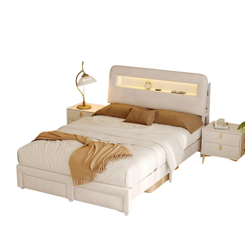 POLSTERBETT 140x200 cm Beige Samt LED USB 2 Schubladen - Beige, Metall (140/200cm) - SHOPENTRA
