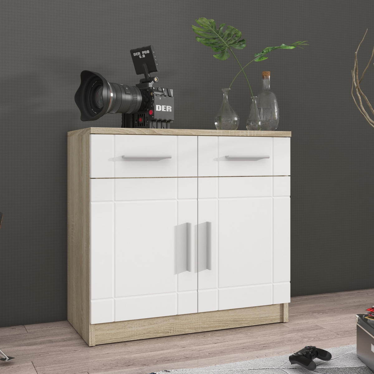 KOMMODE PERUGIA 69/70/37 cm mit 2 Schubladen 2 Türen Sonoma Eiche - Weiß/Sonoma Eiche, Holzwerkstoff (69/70/37cm) - MASSENO