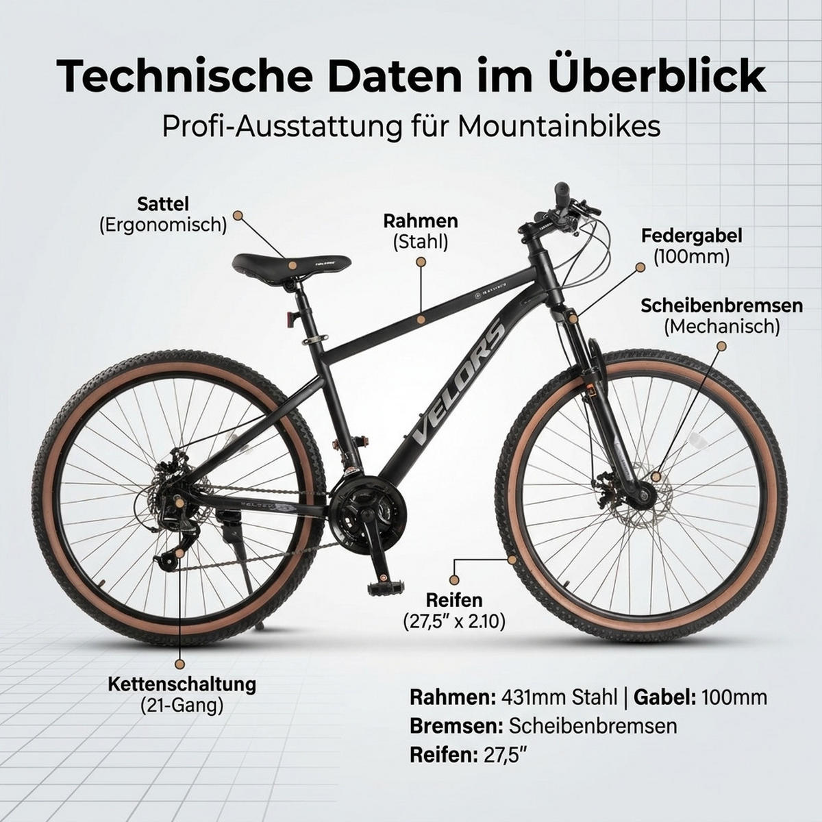 MOUNTAINBIKE 27,5 Zoll Schwarz + Grau – 21-Gang Schaltung - Doppelscheibenbremsen – Carbonstahl - Schwarz, Metall (20cm) - Oxeza