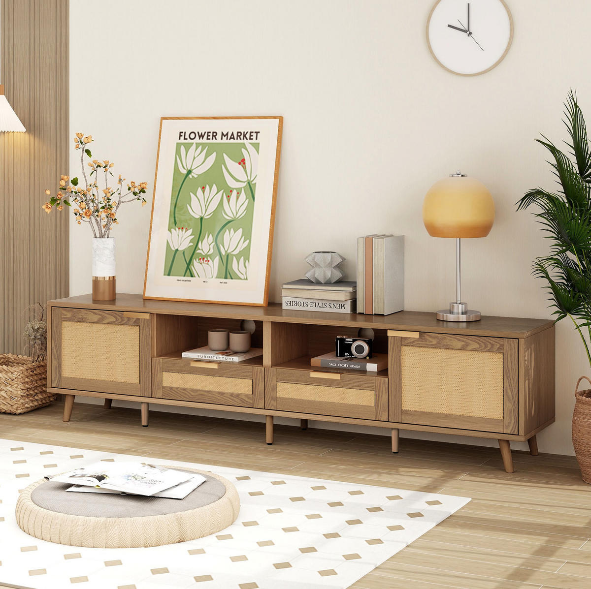 TV stolek 200/37/49 cm dub z dřevotřísky s ratanovým designem a nastavitelnými nohami - hnědá, kompozitní dřevo (200/49/37cm) - OKWISH