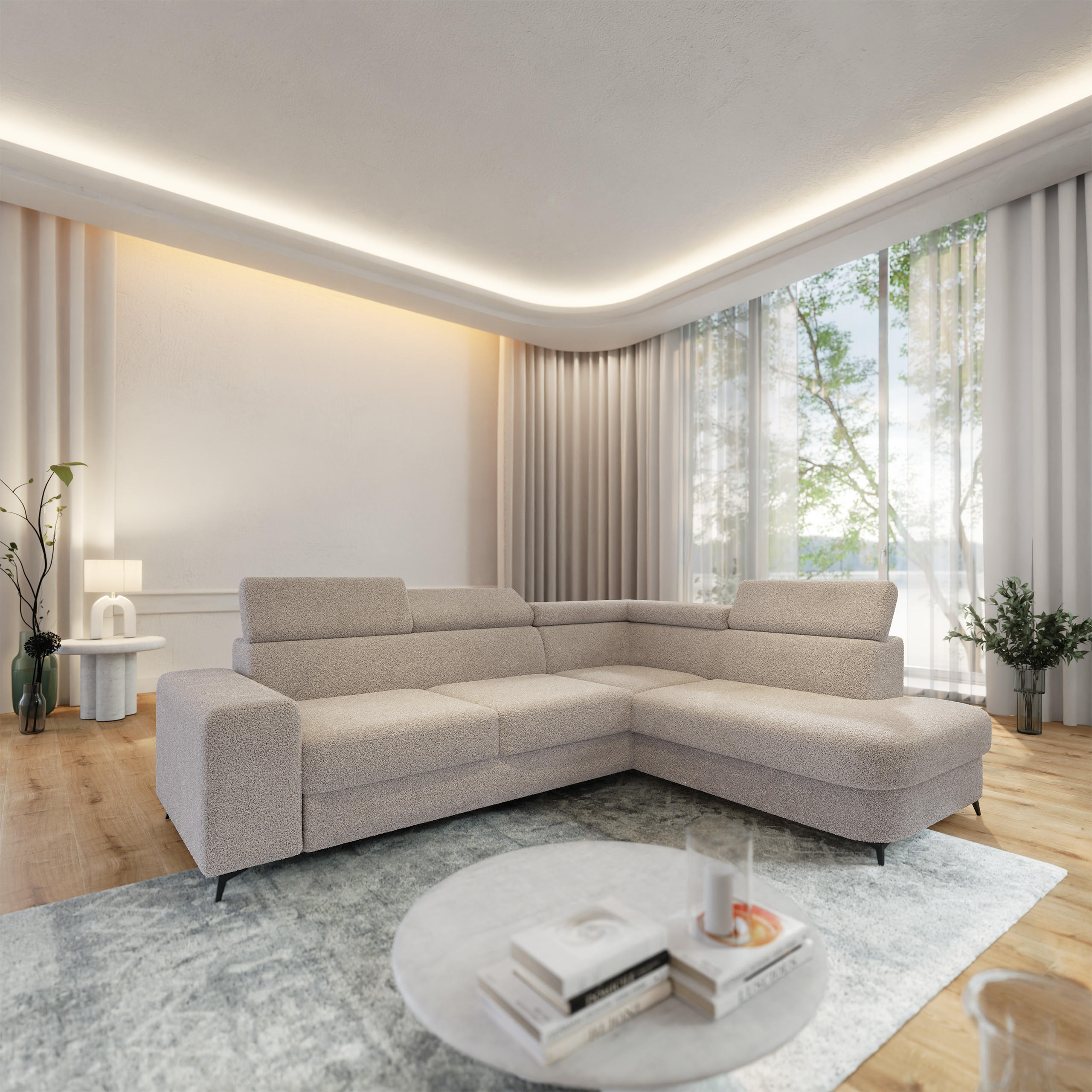 ECKSOFA ALVORO R-S Beige Boucle-Stoff mit Schlaffunktion - Beige, Holz (253/190cm) - MASSENO