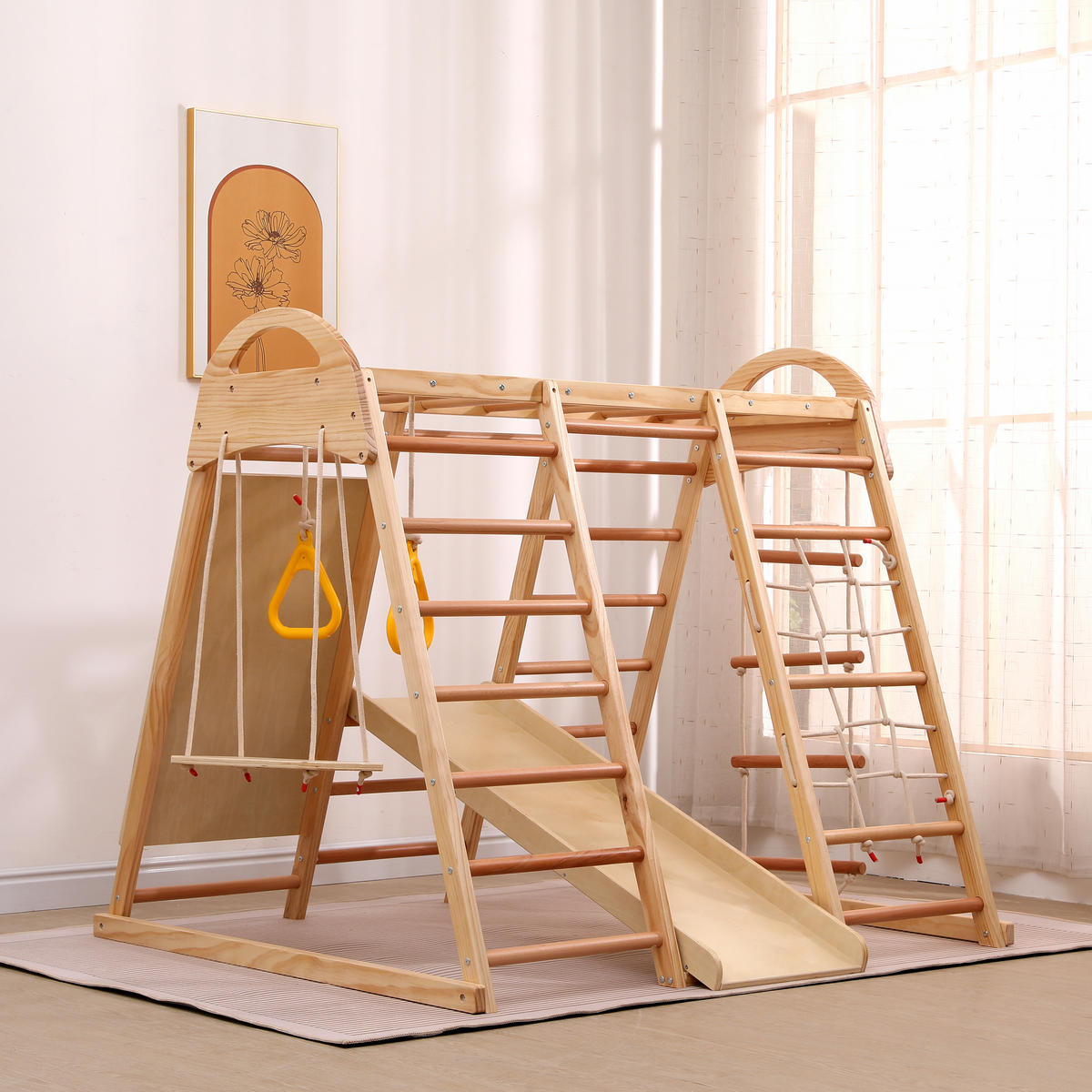 KLETTERGERÜST 7in1 Kinder Holz Rutsche Schaukel - Naturfarben, Holz (134/120cm) - Fortuna Lai