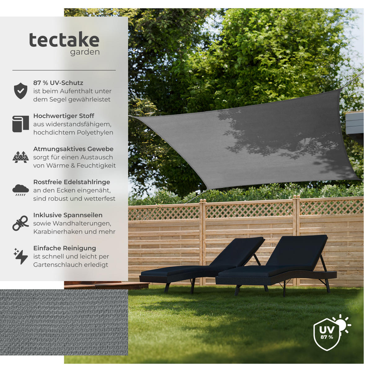 SONNENSEGEL Sunny,umfangreiches Montagematerial,grau - Grau, Kunststoff (300/200cm) - tectake