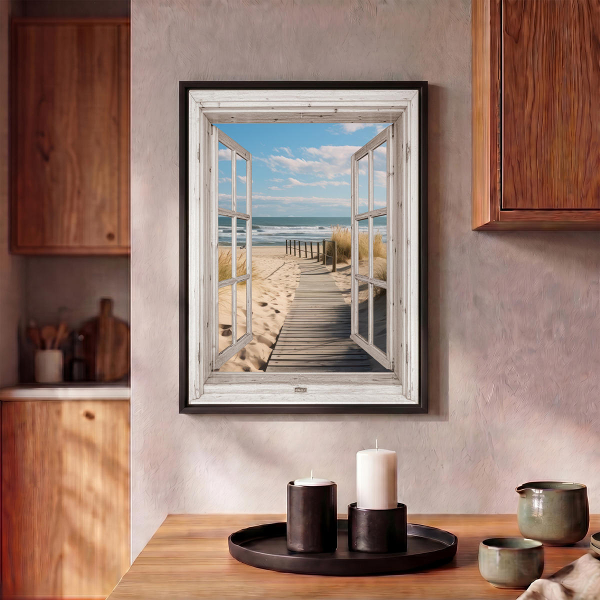 LEINWAND Bilder mit Rahmen - Fenster - Meer - Küste - Natur - Ausblick - Strand - Wattenmeer - 30x40 - Beige, Textil (30/40cm) - MuchoWow