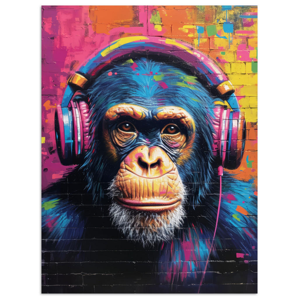 MuchoWow PLAKÁT Graffiti - Šimpanz - Street art - Sluchátka - Opice 30x40 cm