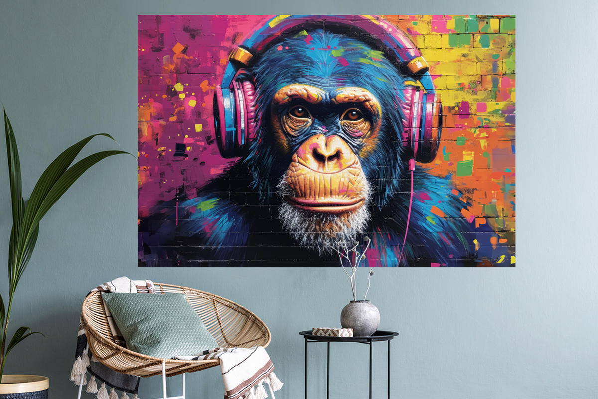 WANDTATTOO Graffiti - Schimpanse - Straßenkunst - Kopfhörer - Affe 120x80 cm - Blau, Kunststoff (120/80/0.1cm) - MuchoWow