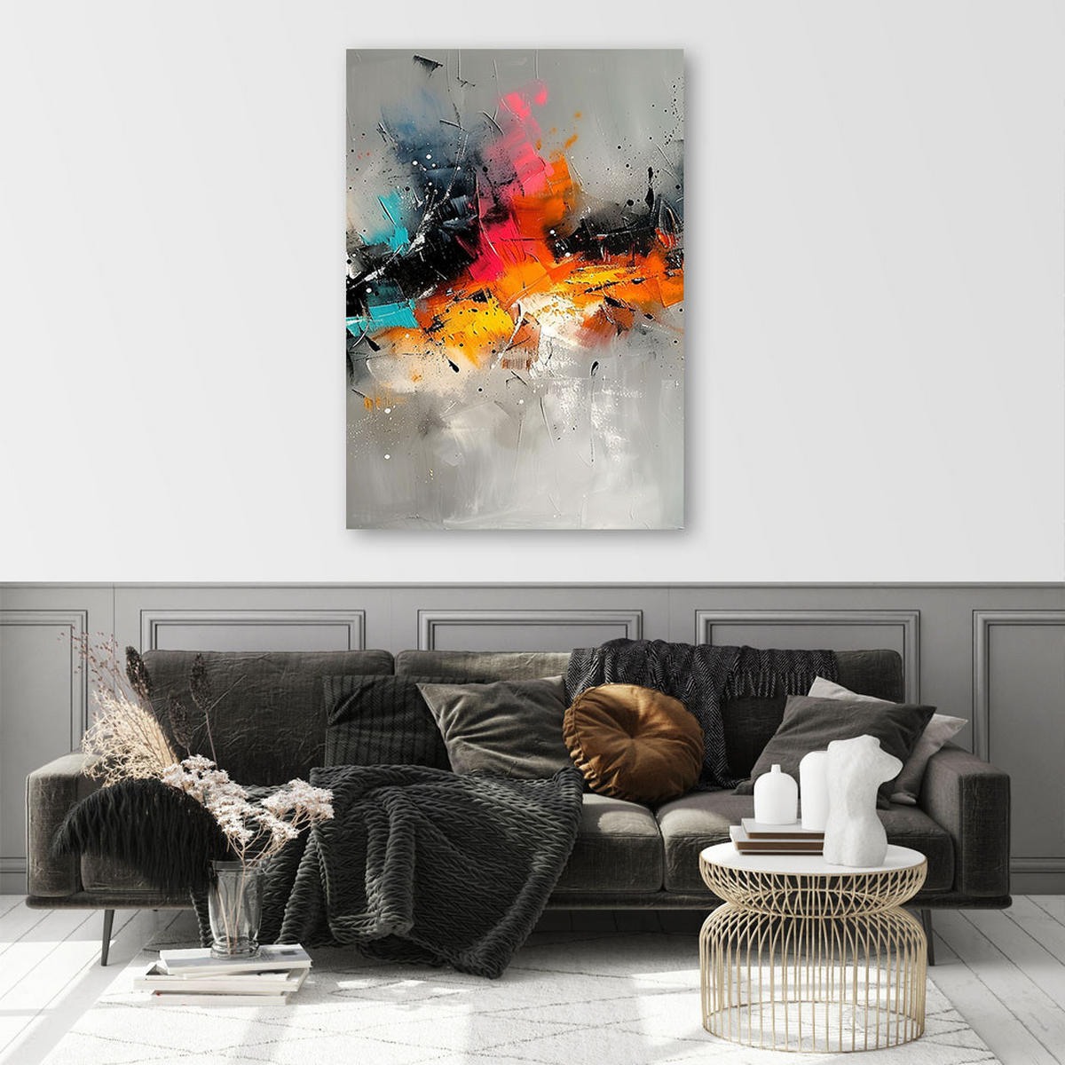 LEINWANDBILD Bunter abstrakter Ausdruck auf grauem Hintergrund 40x60cm - Multicolor, Textil (40/60cm) - Feeby