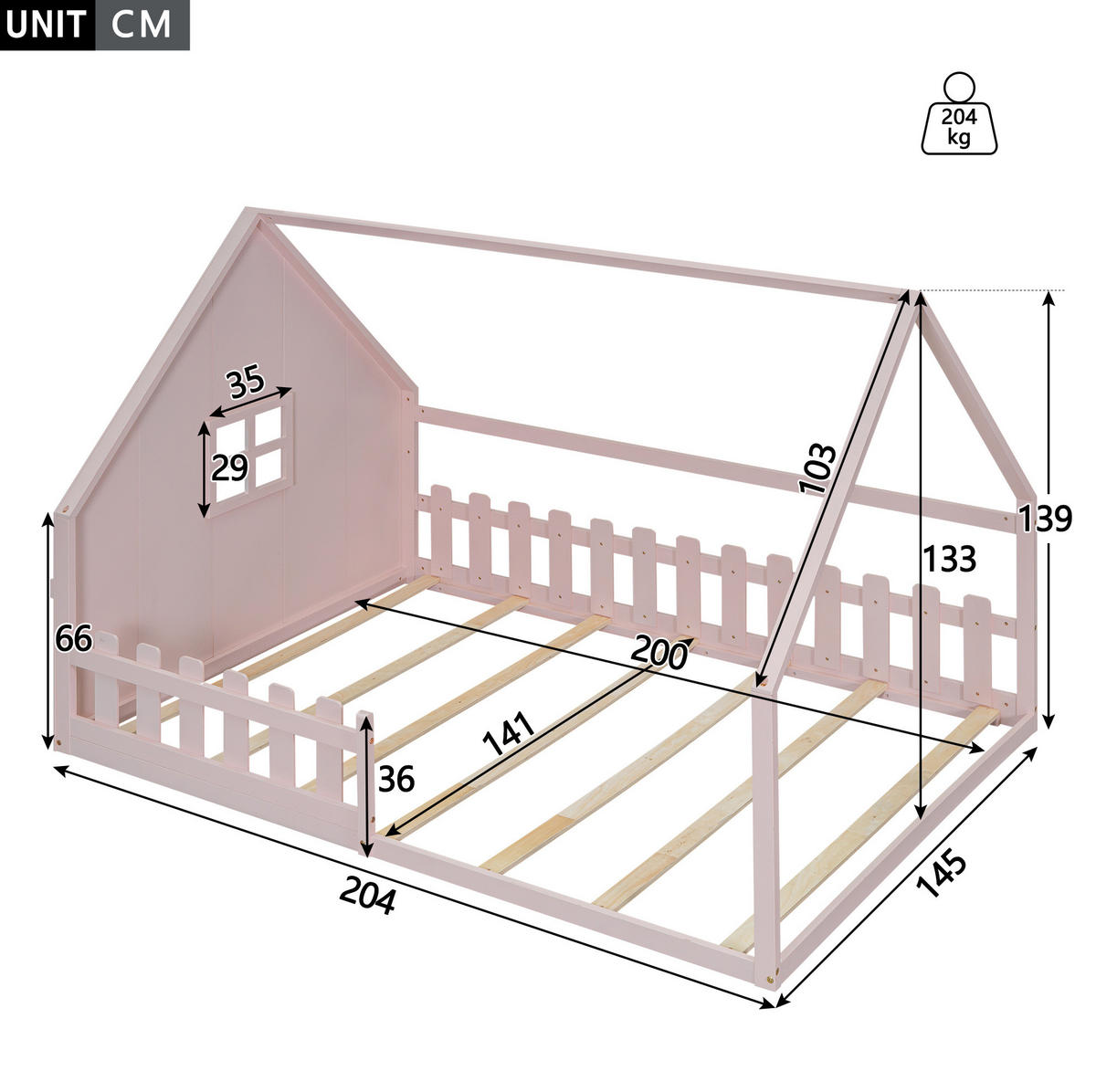 POSTELJA v obliki hiše 140/200 cm roza z ograjico iz bora in MDF - roza, les (140/200cm) - OKWISH