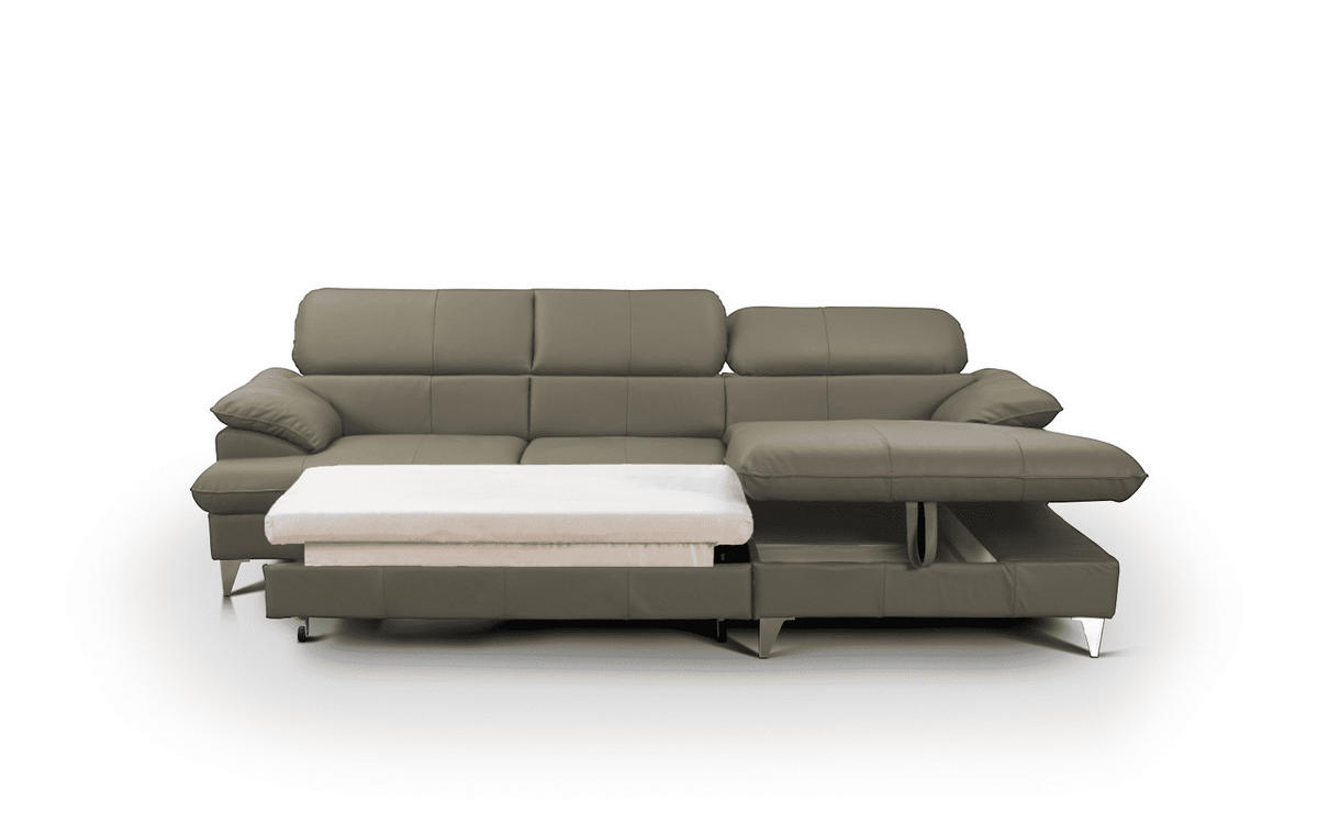 ECKSOFA mit Schlaffunktion und Bettkasten, Echtleder - Chromfarben/Hellgrau, Leder/Holz (167/254cm) - Cotta