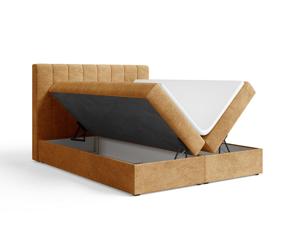 BOXBETT 01 140 x 200 cm - Arena – Stilvoll und bequem Mit Bettkasten, PU-Topper, Federmechanismus, waschbarer Bezug - Goldfarben, Holz (140/200cm) - ROYAL24_MARKT