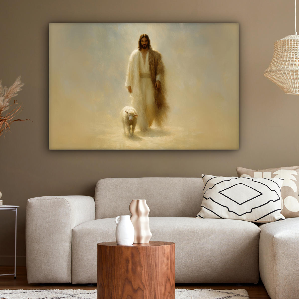LEINWANDBILD Schaf - Jesus - Pinselstriche - Abstrakt Groß 140x90 cm - Sandfarben, Textil (140/90cm) - MuchoWow