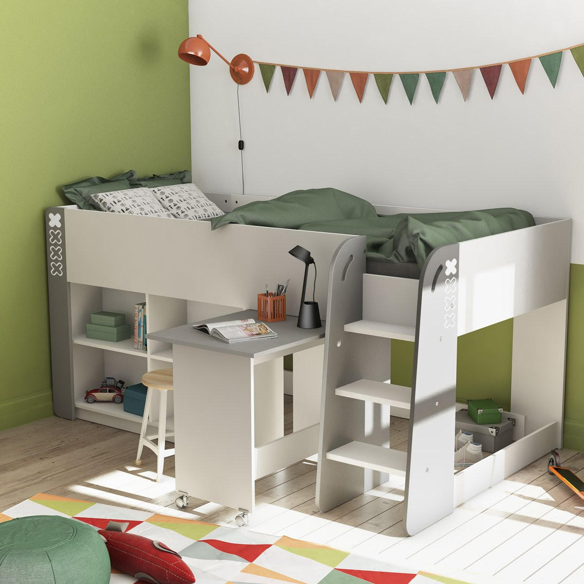 KINDERBETT mit Schreibtisch und Stauraum 90x200 - Hampton - 210,3/124,2/97,8 cm - Grau, Holzwerkstoff (124.2/97.8/210.3cm) - Calicosy
