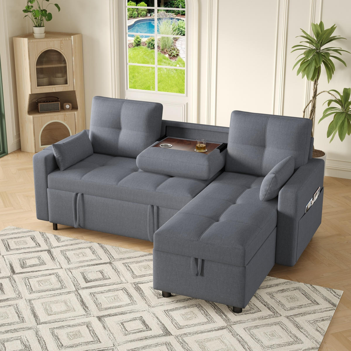 ECK-SCHLAFSOFA, Leinen mit Stauraum & Getränkehalter, 211/136/87 cm, Grau - Grau, Textil (136/87/211cm) - Redom