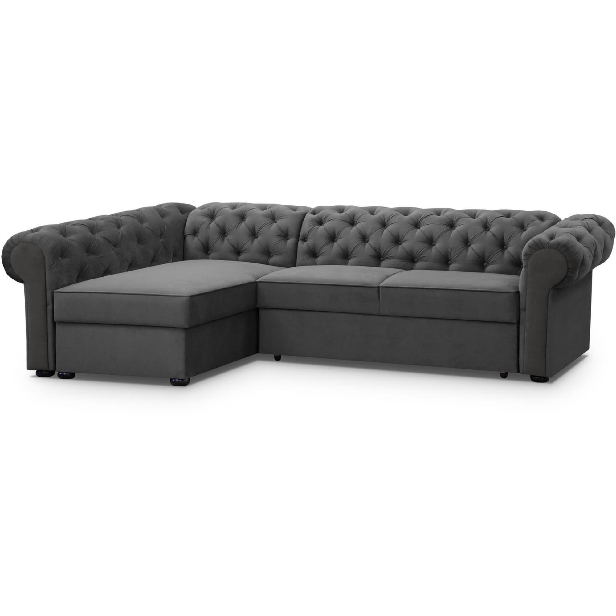 ECKSCHLAFSOFA Chester im Chesterfield-Stil, Grau, links - Schwarz/Grau, Textil (278/173cm) - Beautysofa