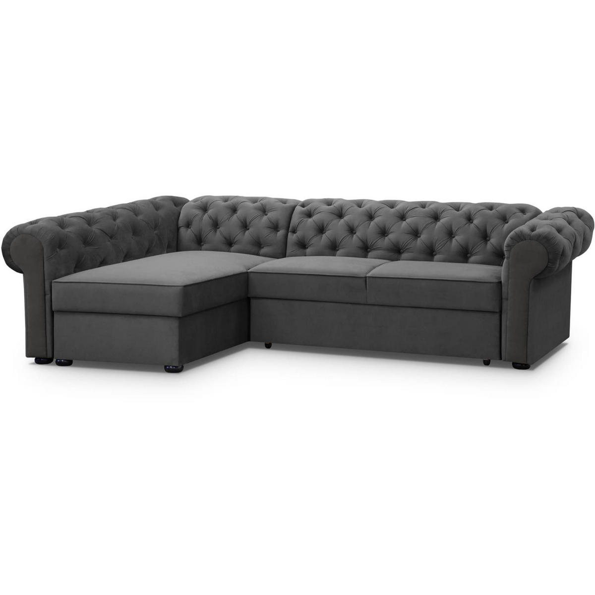 ECKSCHLAFSOFA Chester im Chesterfield-Stil, Grau, links - Schwarz/Grau, Textil (278/173cm) - Beautysofa