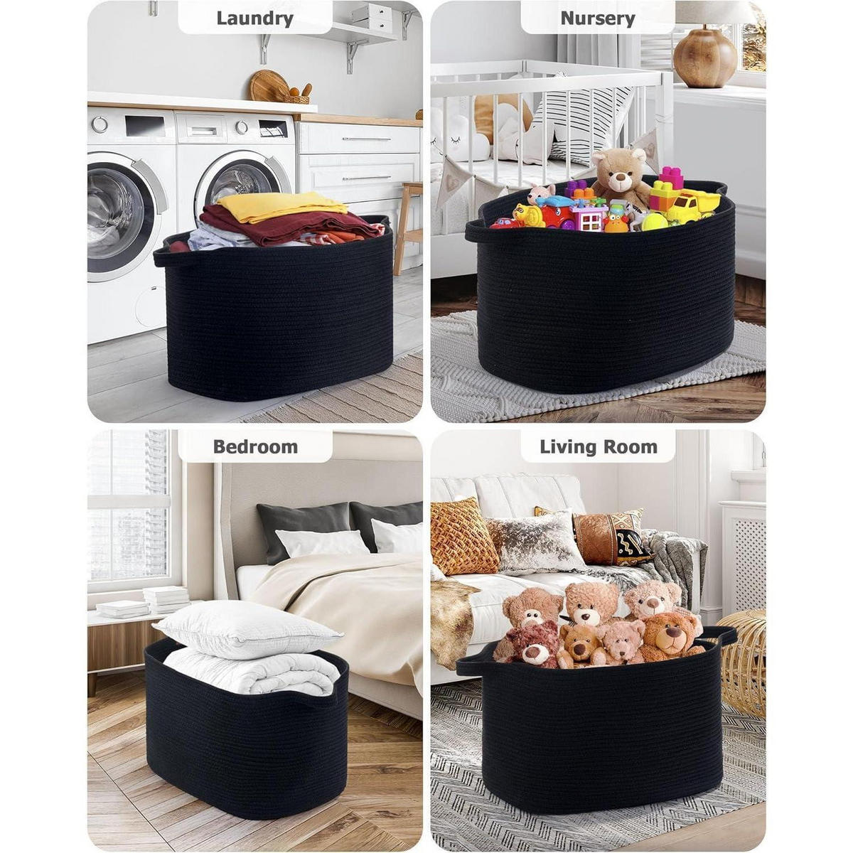 WÄSCHEKORB 2-teiliges Set Baumwolle Schwarz 63 L - Schwarz, Textil (38/30/55cm)