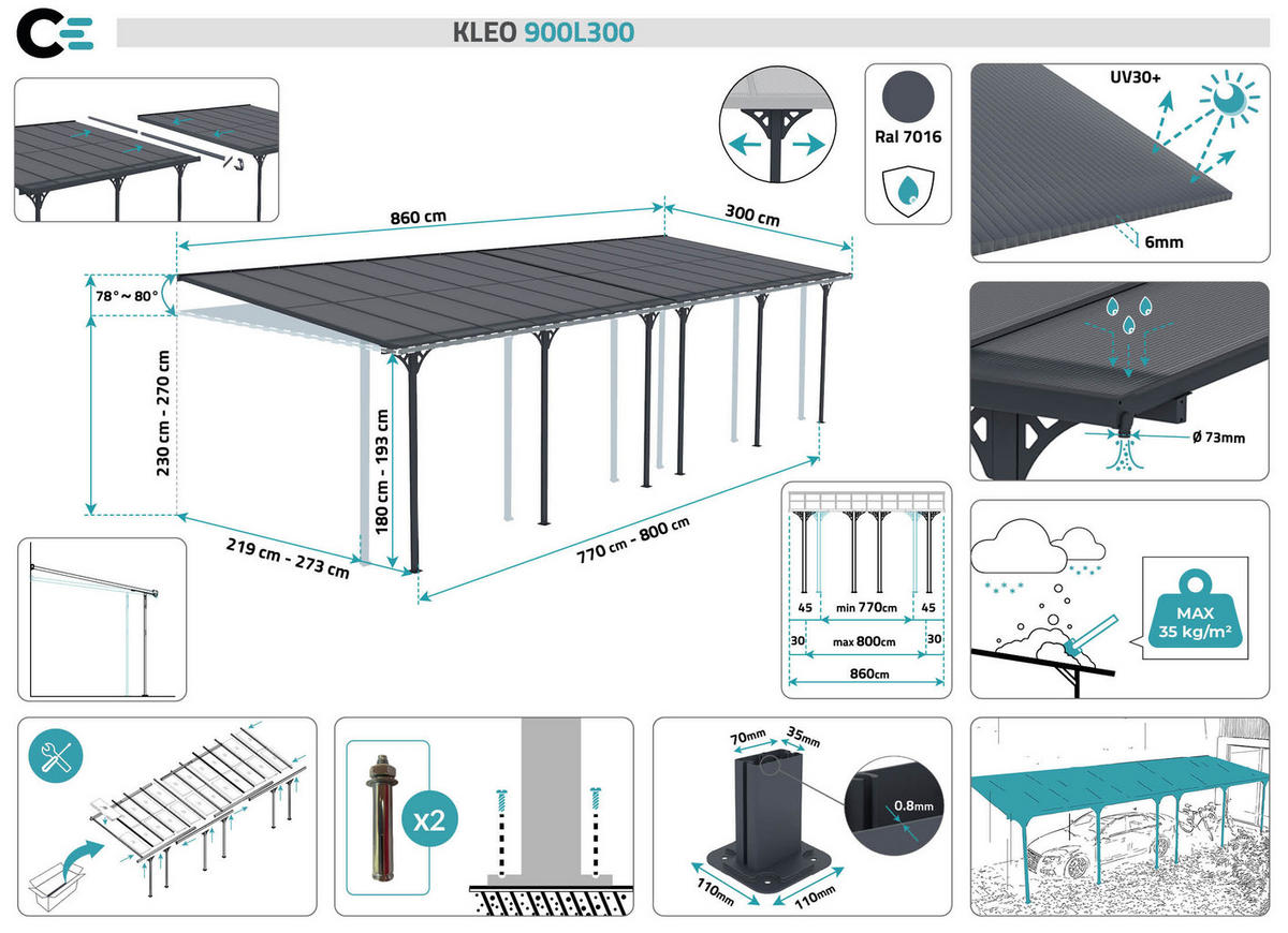 PERGOLA / CARPORT Kleo Grau 9m x 3m - Grau, Metall (870/270/300cm) - Cazeboo