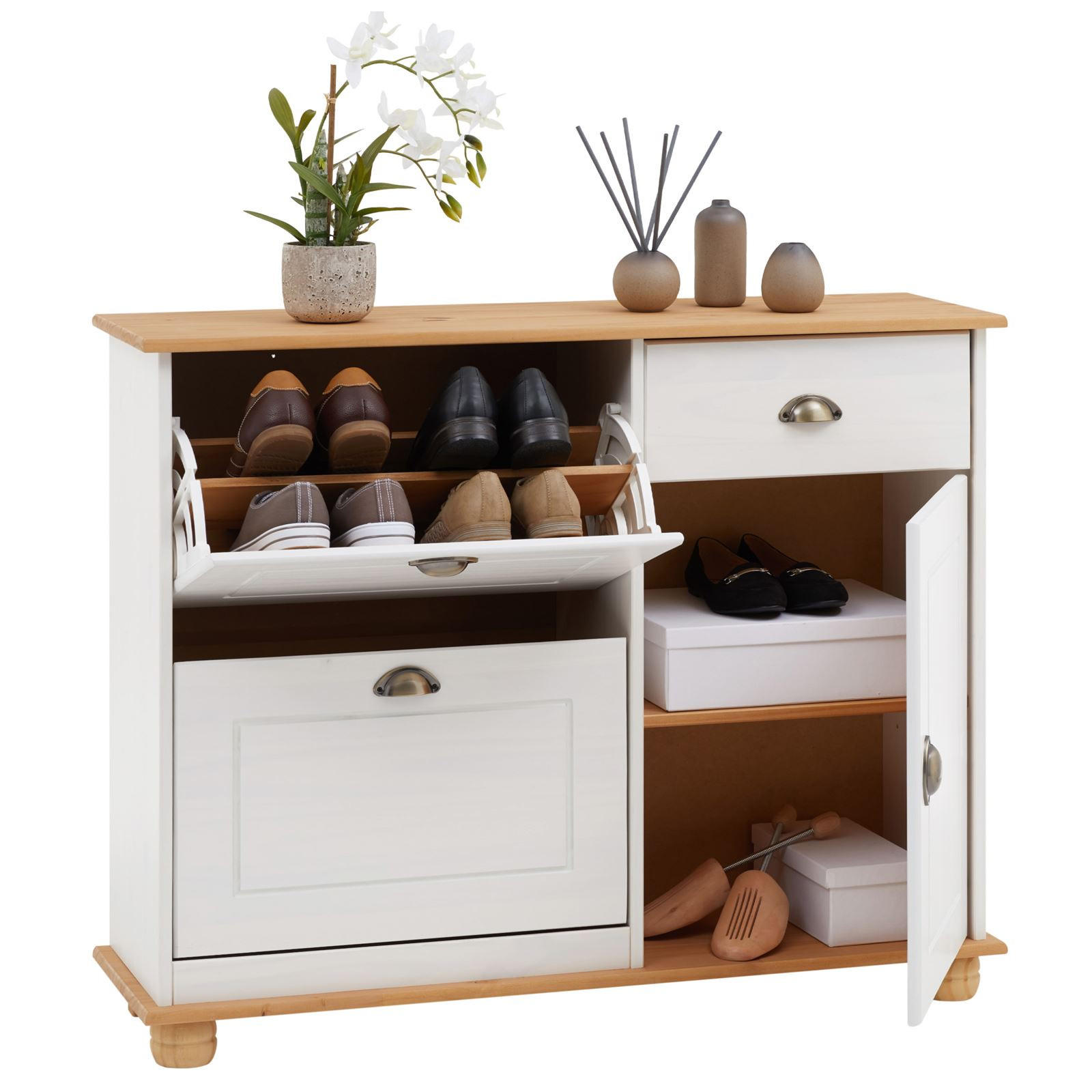 Thumbnail - Idimex Schuhschrank, Weiß, Braun, Holz, Kiefer, Vintage, 106x85x32 cm, FSC Mix, Garderobe, Schuhaufbewahrung, Schuhschrä...