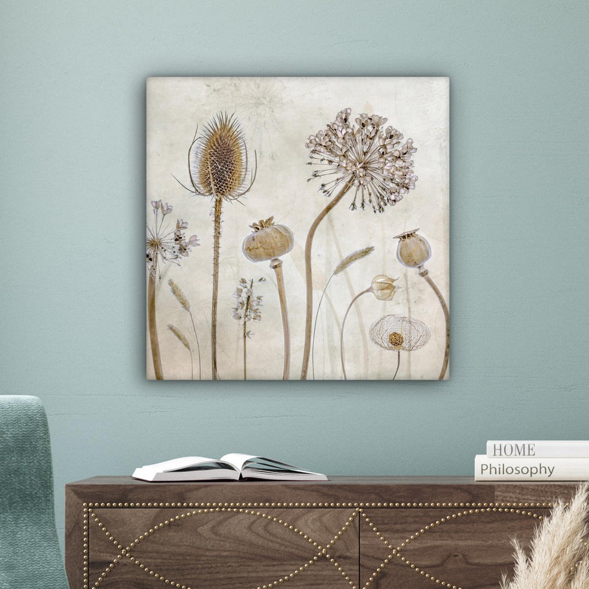 LEINWANDBILD Blumen - Aquarell - Stilleben - Braun - Vintage Wandbild Wohnzimmer 50x50 cm - Beige, Textil (50/50cm) - MuchoWow
