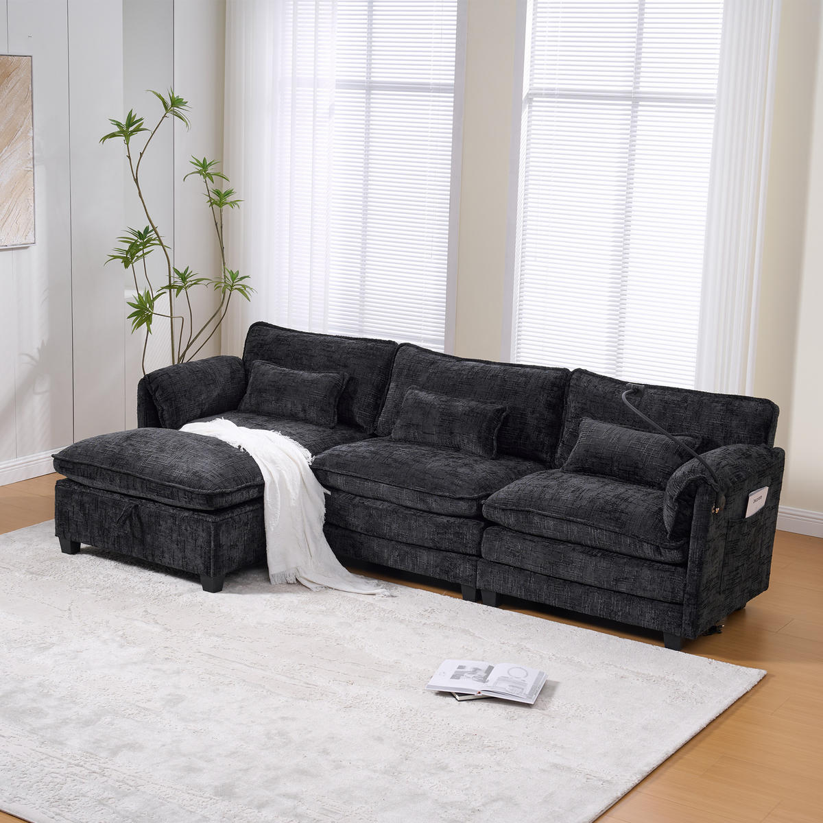 ECKSOFA mit USB-Anschluss und Hocker aus Chenille Schwarz 279/83/85 cm - Schwarz, Textil (279/83cm) - OKWISH