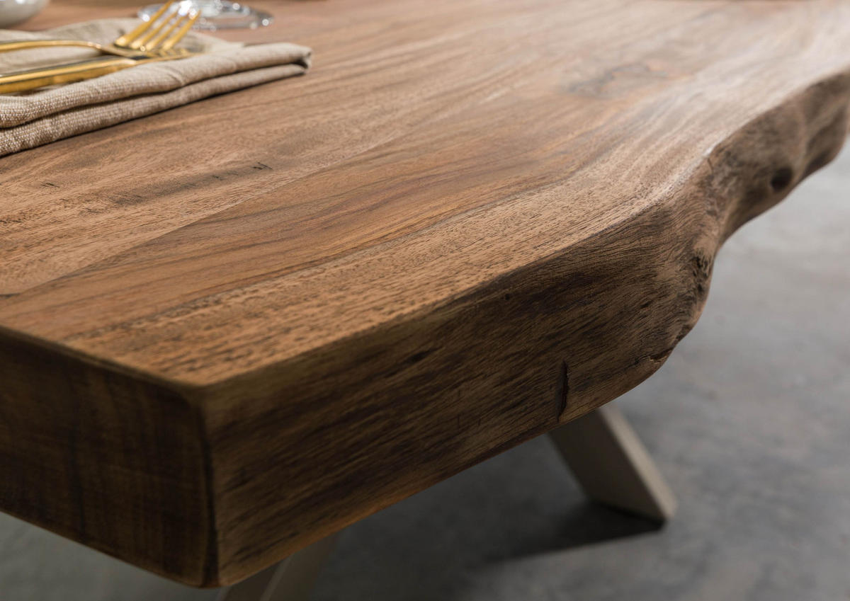 BAUMTISCH Sheesham 240x100x77 natur gebeizt / Kreuzgestell silber matt FREEFORM 5 - Silberfarben/Naturfarben, Holz (240/100/77cm) - Massivmoebel24