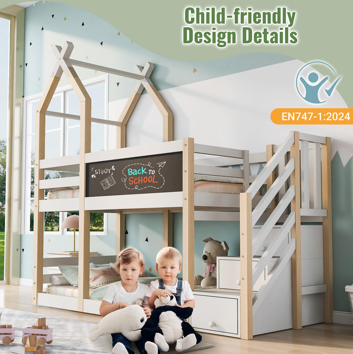 ETAGENBETT 90/200 cm Weiß Baumhaus Design mit Tafel und Rausfallschutz - Weiß, Holzwerkstoff (90/200cm) - OKWISH