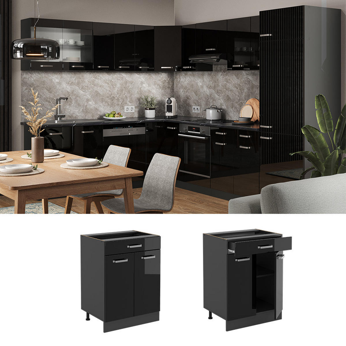 KÜCHENUNTERSCHRANK R-Line Schwarz Hochglanz 60 cm mit Schublade, ohne Arbeitsplatte - Schwarz Hochglanz/Anthrazit, Holzwerkstoff (60/81.6/46cm) - Vicco