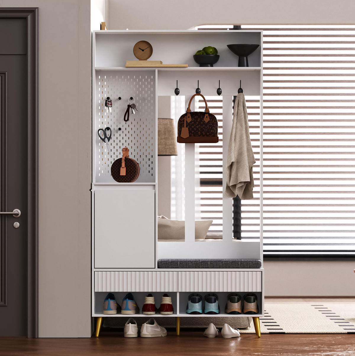 GARDEROBE 100/180/35 cm Weiß aus MDF mit Sitzbank und Schubladen - Weiß, Holzwerkstoff (35/180/100cm) - OKMYHOME