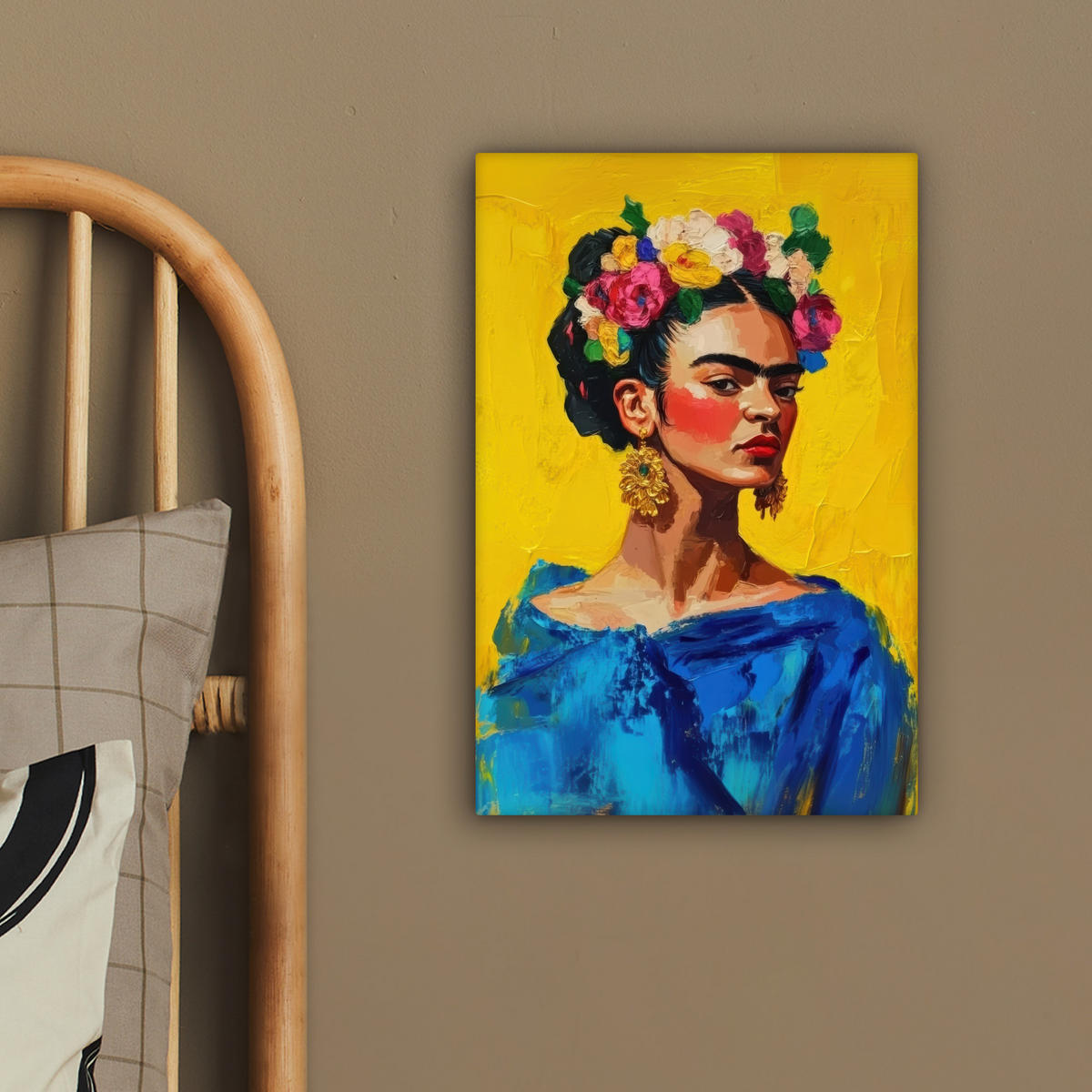 LEINWANDBILD Frida Kahlo - Frau - Gelb - Blau - Blumen 20x30 cm - Gelb, Textil (20/30cm) - MuchoWow