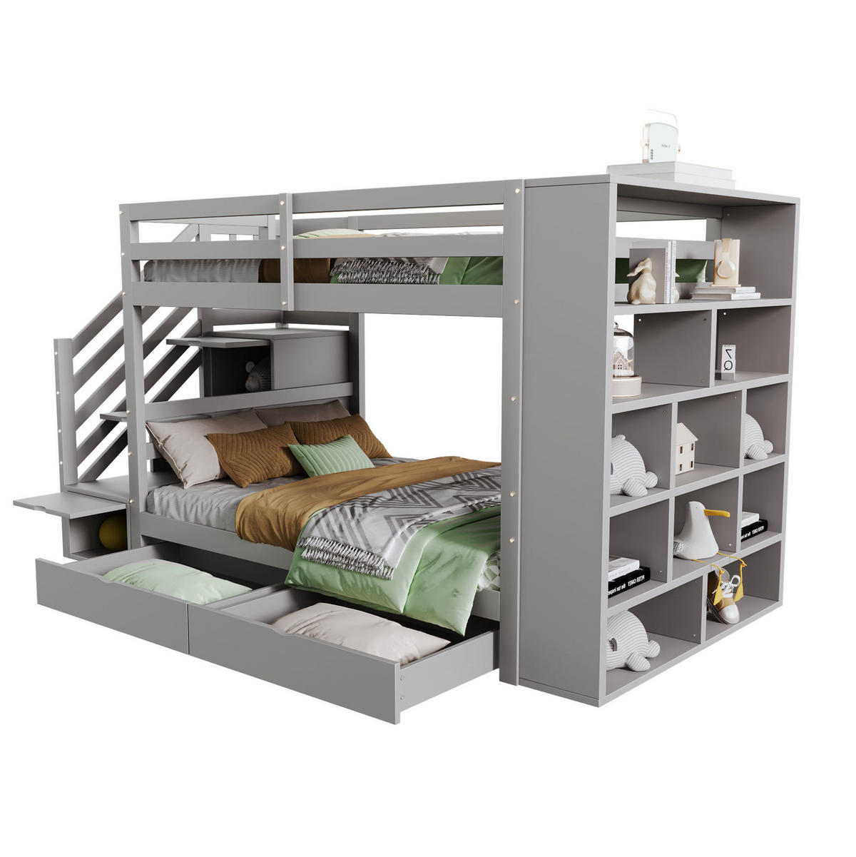 ETAGENBETT aus Kiefernholz 90x200 cm Grau mit Sicherheitstreppe, Stauraum und Lattenrost - Grau, Holzwerkstoff (90/200cm) - Modfu