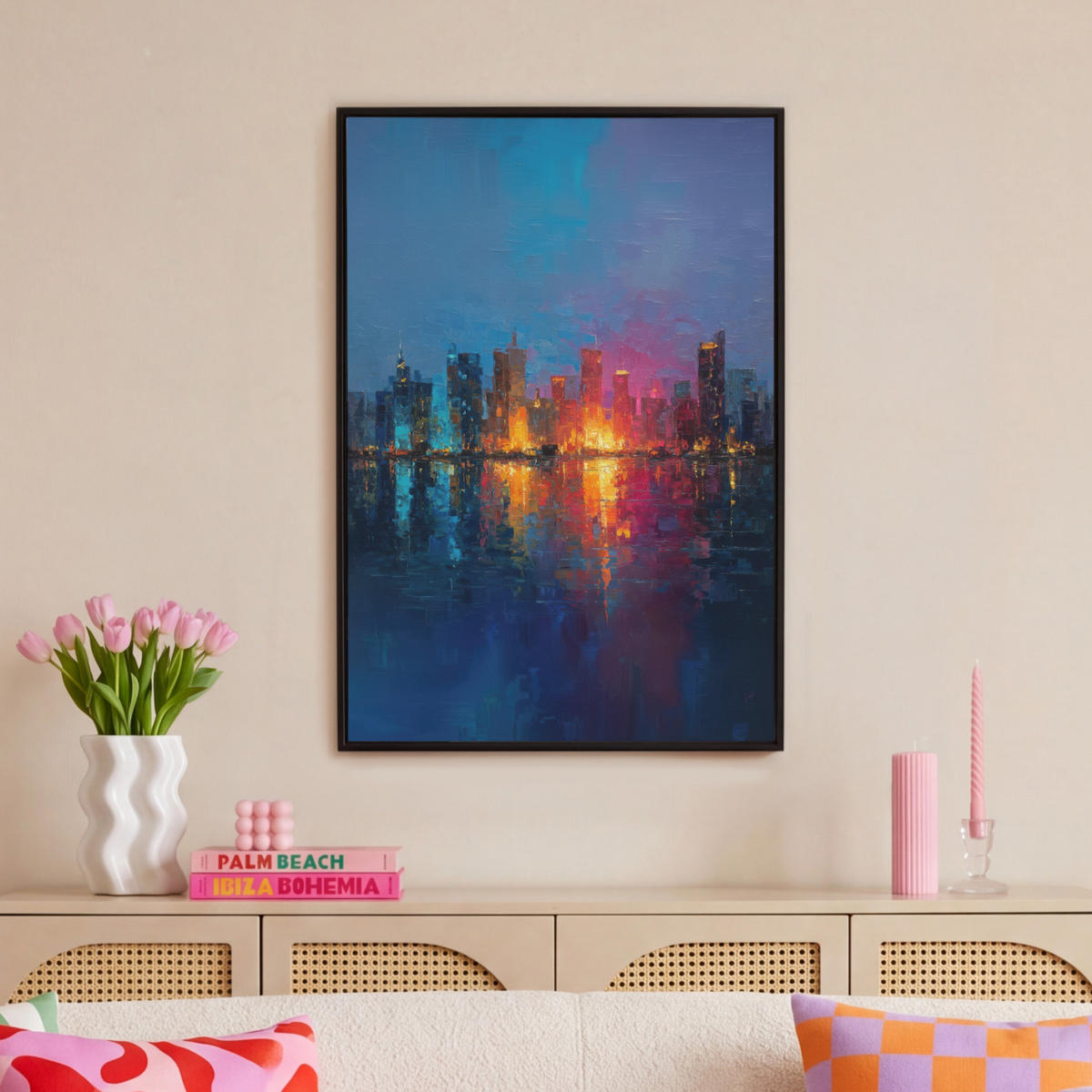 LEINWAND Bilder mit Rahmen - Skyline - Pinselstriche - Dunkelblau - Leuchtend - 60x90 - Blau, Textil (60/90cm) - MuchoWow