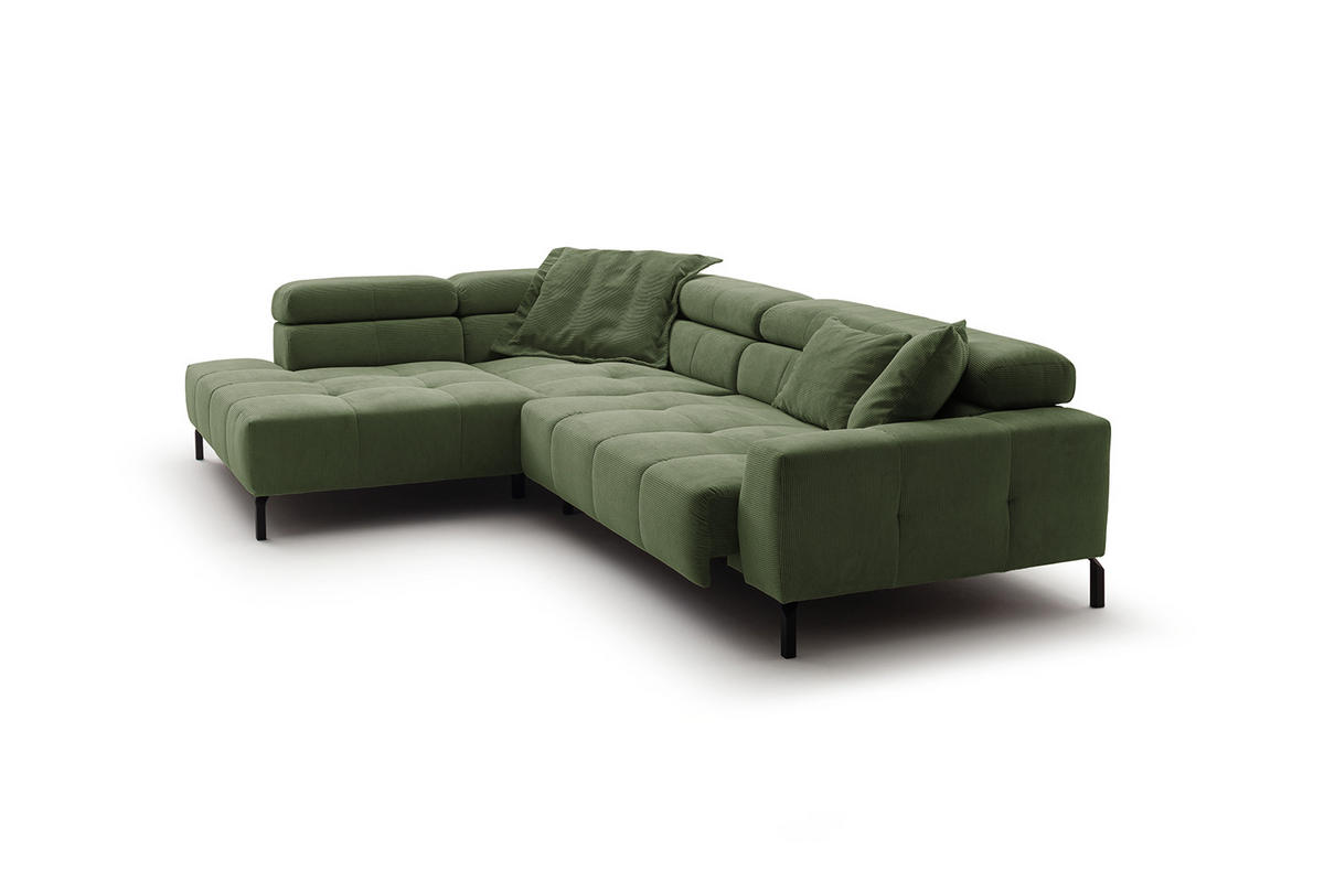 ECKSOFA MIT MOTORISCHEM SITZVORZUG OHIO Grün Cord - Schwarz/Grün, Textil/Metall (311/219cm) - KAWOLA