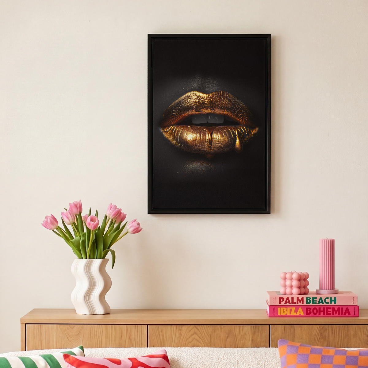LEINWAND Bilder mit Rahmen - Frau - Porträt - Lippen - Gold - Schwarz - 20x30 - Schwarz, Textil (20/30cm) - MuchoWow